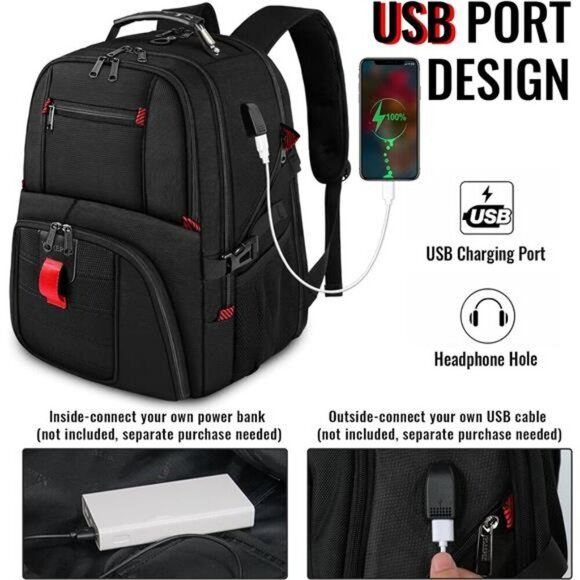 YOREPEK Travel Backpack Large 50L Water Resistant Laptop Bag USB Port Black - Picture 3 of 7